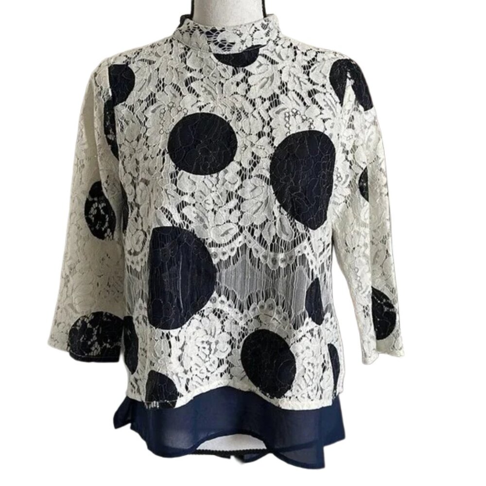 Anthropologie HD in Paris Lace Polka Dot Blouse Rochelle Ivory & Navy Size 2